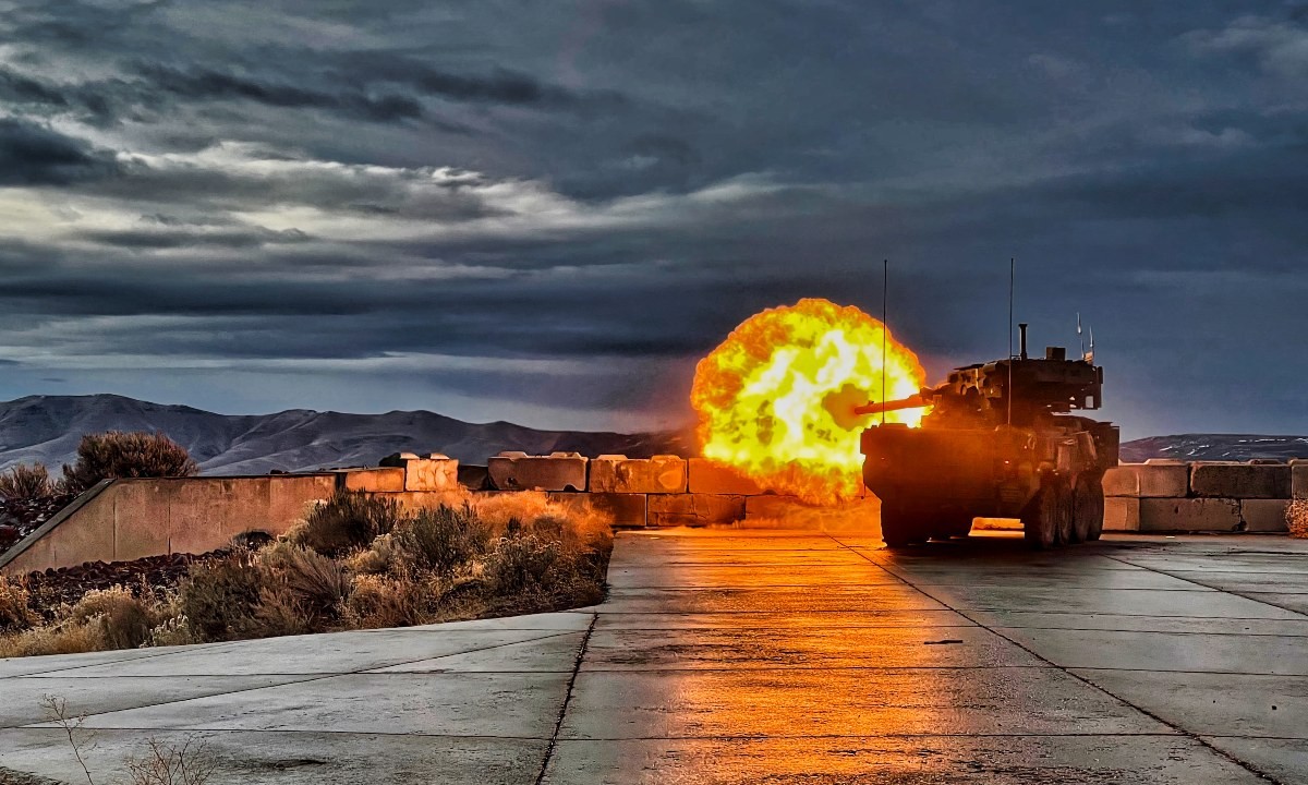 An armored vehicle firing during a gunnery exercise, the lead image for the Modern War Institute article.