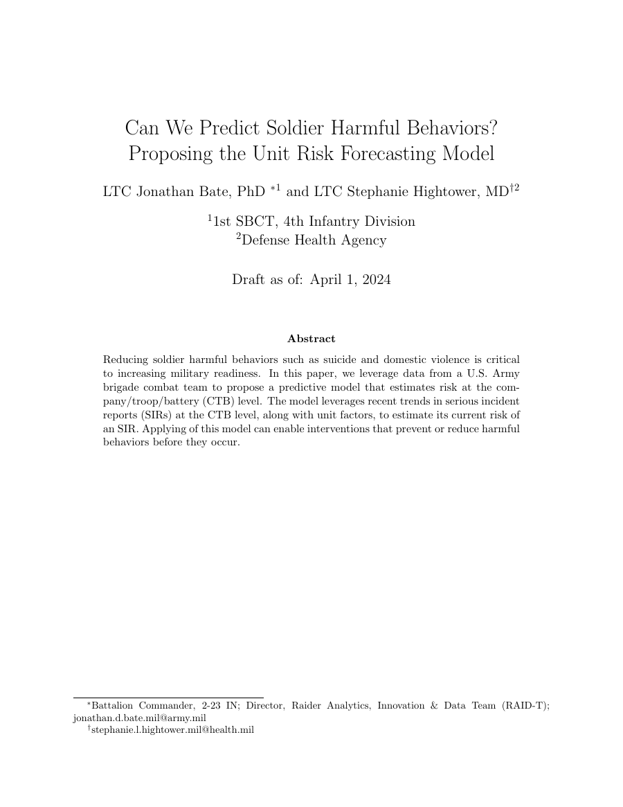 First page of the Unit Risk Forecasting Model working paper.